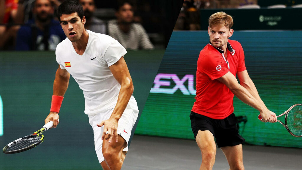 Tennis stars Carlos Alcaraz and David Goffin in intense match action vibrant dynamic wallpaper background