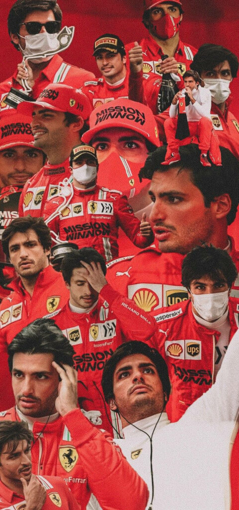 Carlos Sainz Jr Ferrari collage wallpaper showcasing intense racing poses on red background