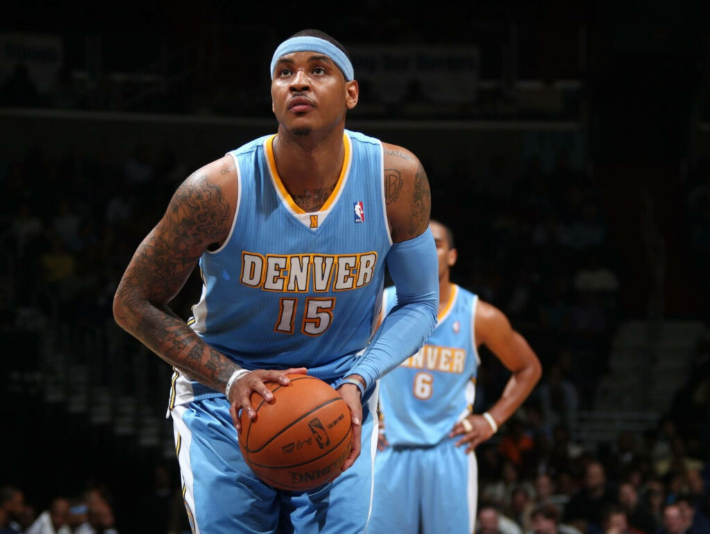 Carmelo Anthony Denver Nuggets number 15 focused at free-throw line in light blue jersey Wallpaper