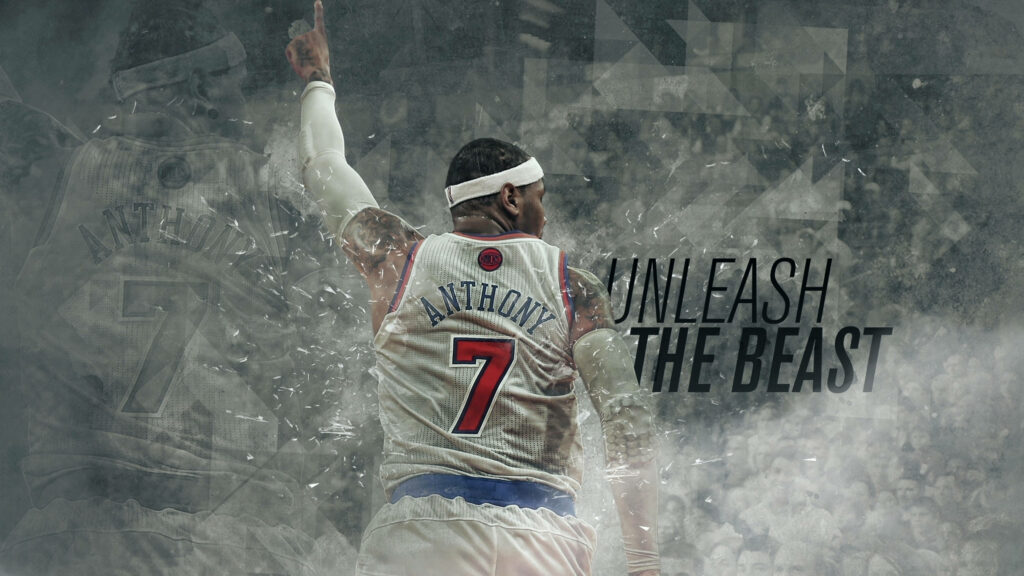 Carmelo Anthony Knicks jersey number 7 celebrating with bold Unleash The Beast smoky background Wallpaper