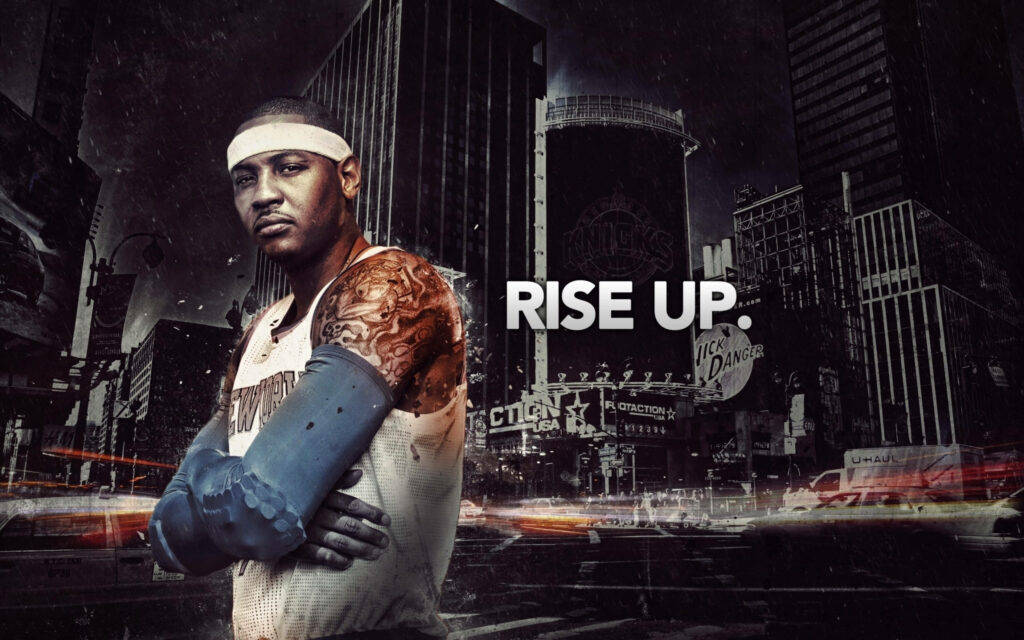 Carmelo Anthony Knicks Rise Up wallpaper confident pose dark cityscape gritty high contrast