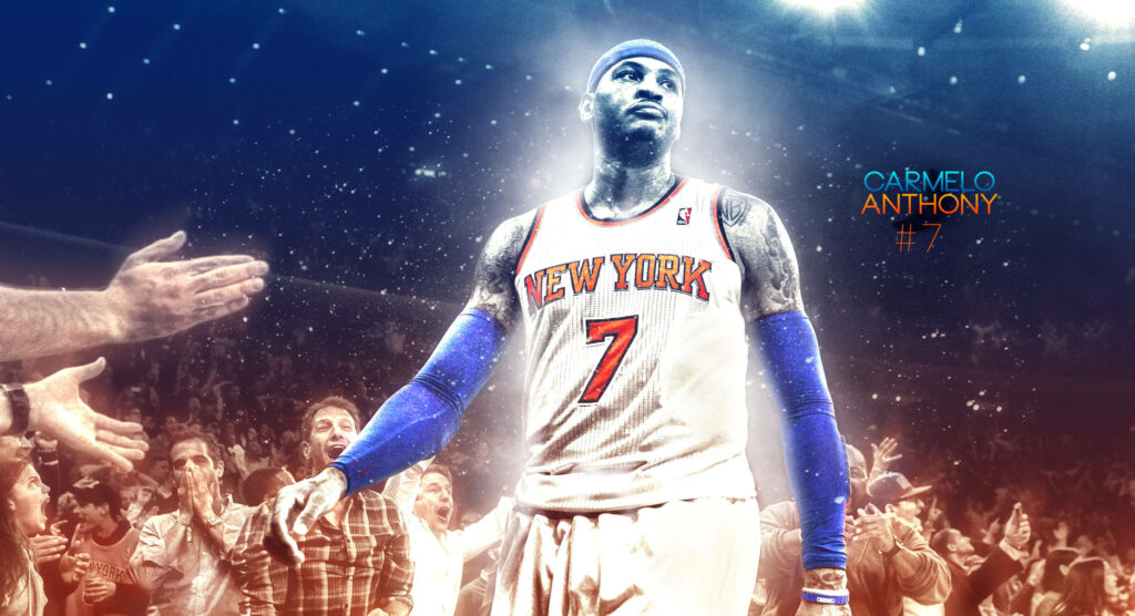 Carmelo Anthony Knicks number 7 digital fanart wallpaper with vibrant blue orange arena background