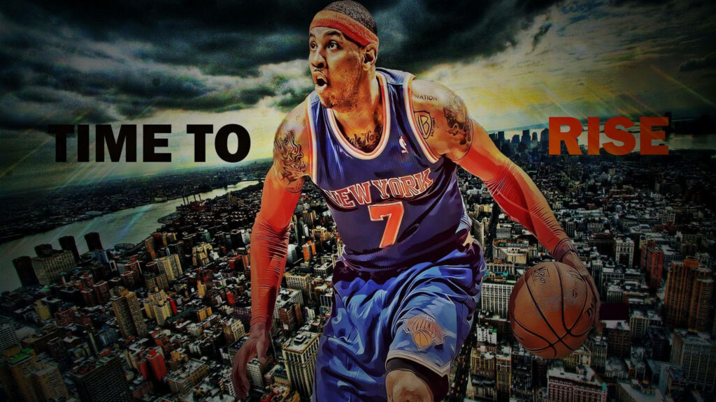 Carmelo Anthony dribbling in Knicks uniform with stormy cityscape and Time To Rise text wallpaper