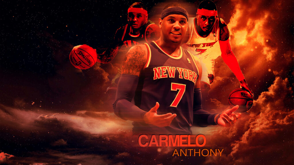 Carmelo Anthony Knicks wallpaper with fiery red orange flames and cosmic cloud background basketball