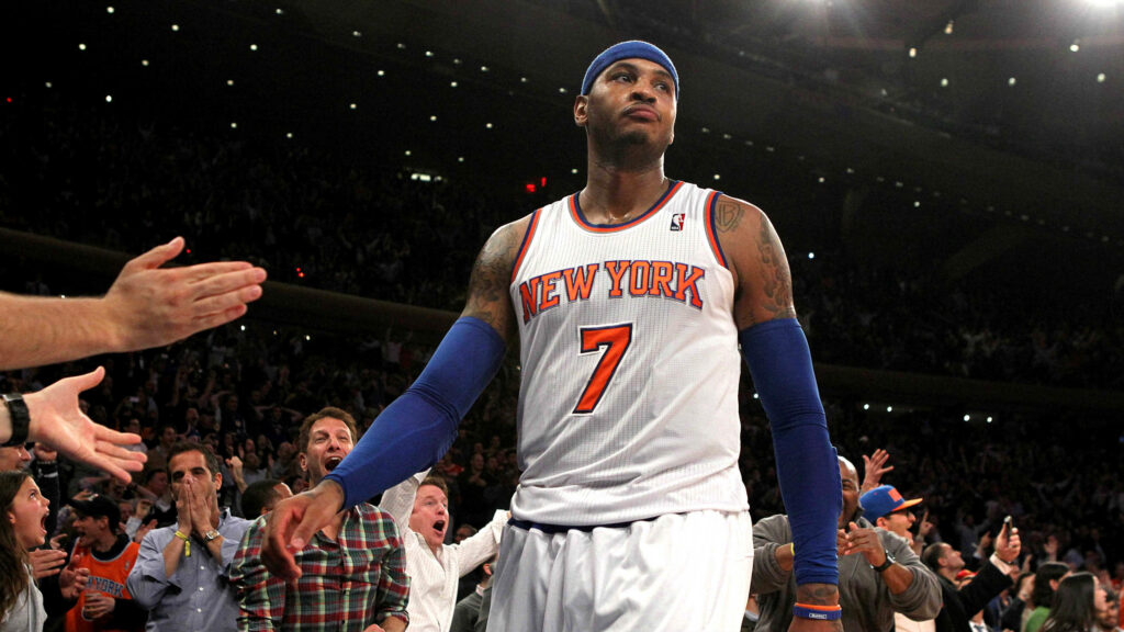 Carmelo Anthony in New York Knicks jersey with cheering fans sports wallpaper background high resolution