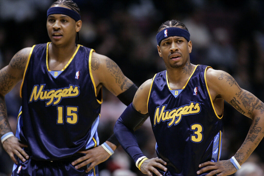 Carmelo Anthony Allen Iverson Denver Nuggets jerseys teamwork iconic navy gold basketball wallpaper