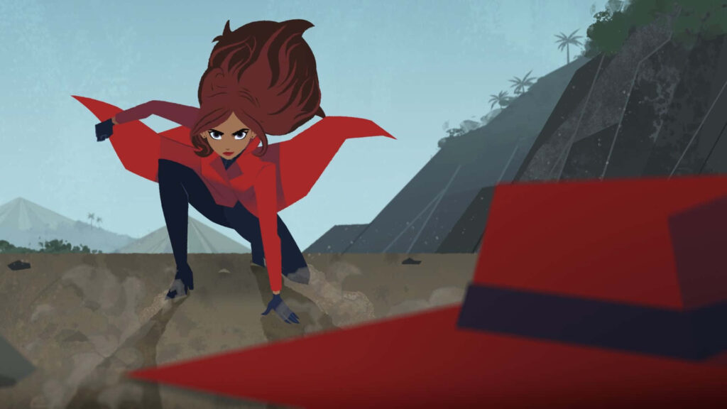 Carmen Sandiego crouching ready to outsmart pursuers in misty dramatic adventure landscape wallpaper