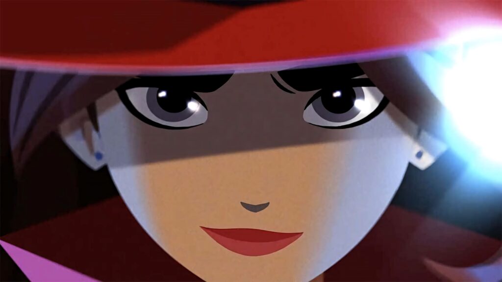 Carmen Sandiego in red hat with dramatic shadows focused and ready for action wallpaper background