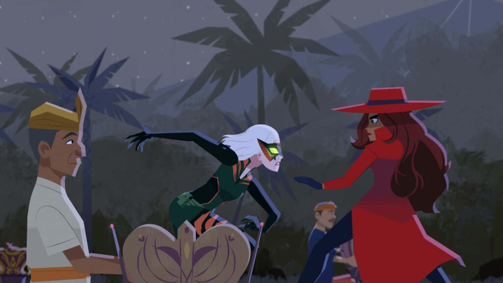 Carmen Sandiego confronts masked enemy at night with palm trees and crowd in background wallpaper