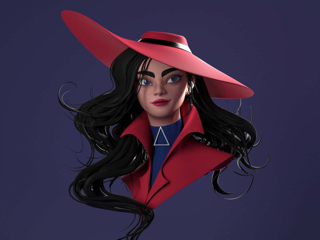 Carmen Sandiego wallpaper with red hat coat flowing black hair confident expression background