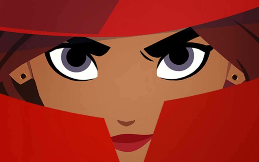 Carmen Sandiego vibrant wallpaper with determined gaze iconic red outfit adventurous spirit