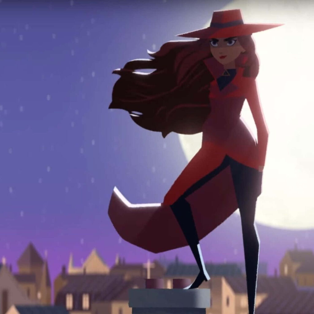 Carmen Sandiego confident on rooftop at night cityscape moonlight dynamic adventure wallpaper