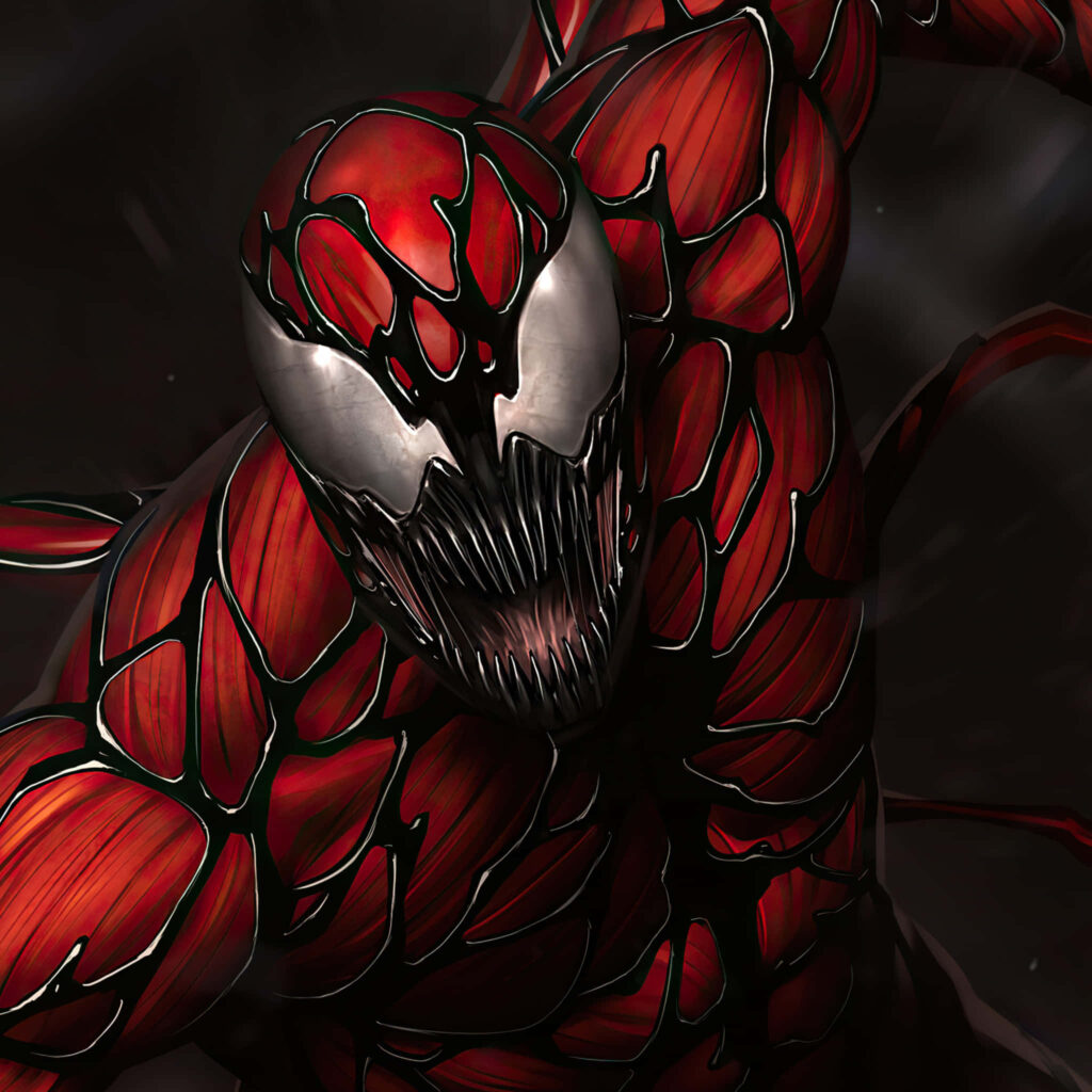 Close-up Carnage wallpaper showing menacing face sharp metallic teeth red black symbiote texture