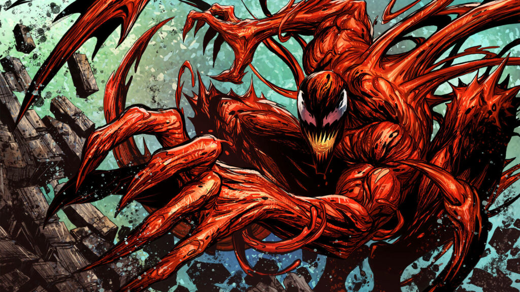 Carnage in red symbiote form leaps with claws midst shattered debris vibrant comic wallpaper