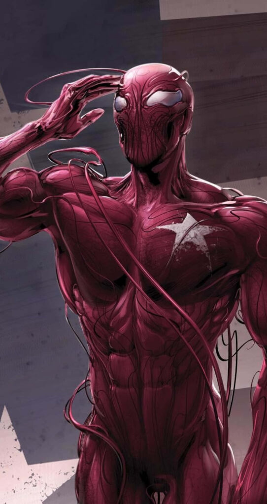 Carnage menacing pose crimson symbiote form chaotic energy tendrils sharp eyes wallpaper background