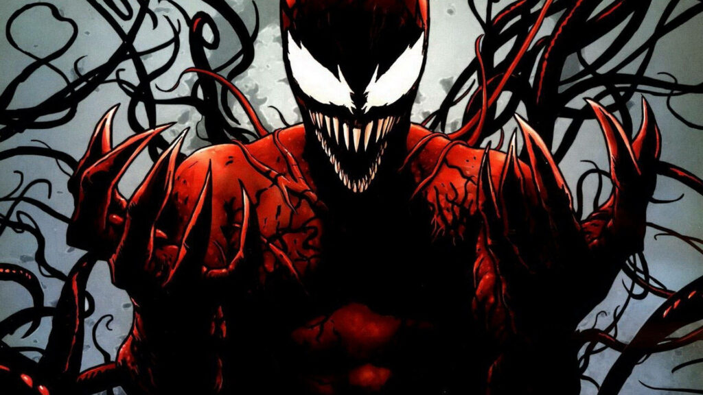 Carnage Marvel Comics wallpaper vivid red black chaotic tendrils menacing eyes sharp teeth