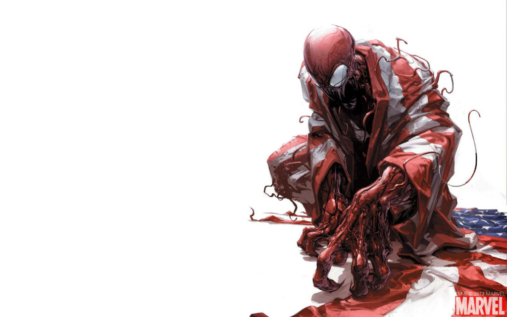 Carnage crouching with red symbiote tendrils wrapped in torn US flag comic art wallpaper