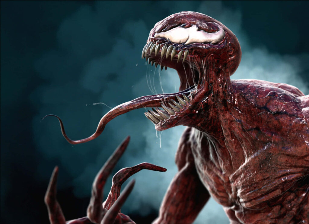 Carnage Spider-Man villain with menacing teeth and tongue on dark smoky background wallpaper