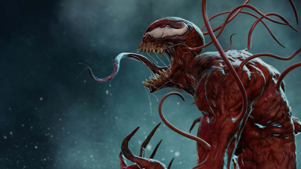 Carnage with wild red symbiote tendrils in chaotic scene vivid monstrous form wallpaper background