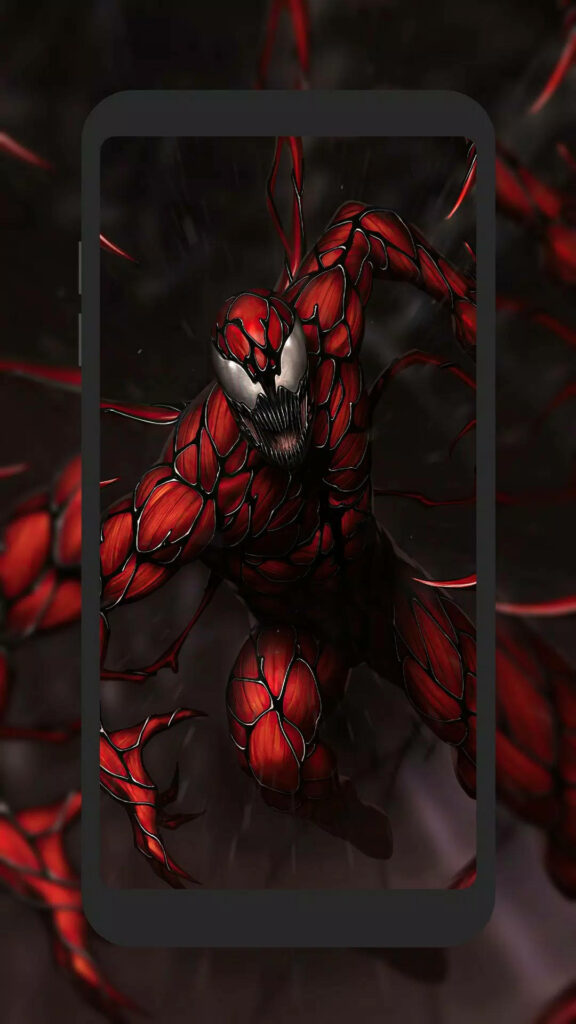 Carnage comic villain wallpaper with red black symbiotic tendrils fierce muscular intense art