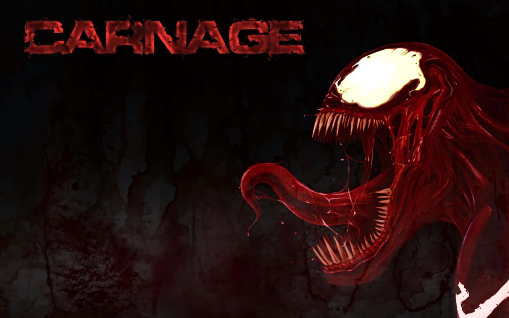 Carnage Unleashed wallpaper showing the comic villain Carnage with open mouth and intense red black colors