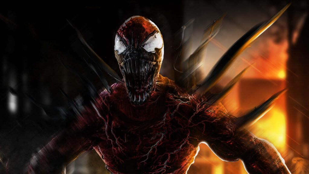 Carnage Marvel villain roaring with sharp tendrils glowing eyes dark fiery background wallpaper