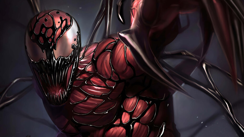 Carnage symbiote in dynamic action pose with crimson form and razor-sharp tendrils wallpaper