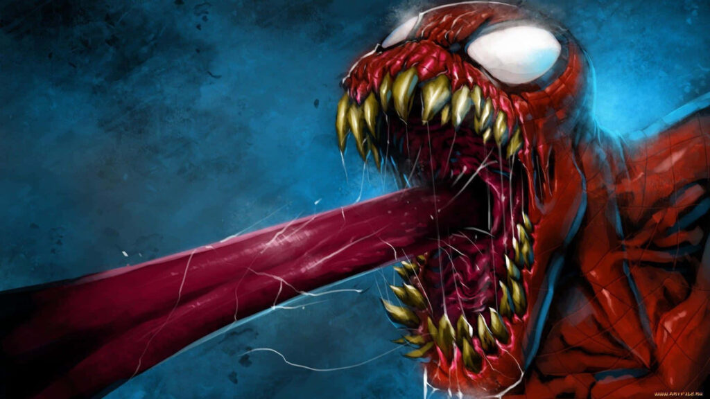 Carnage Marvel villain with open jaw sharp teeth tongue intense reds blacks digital art wallpaper