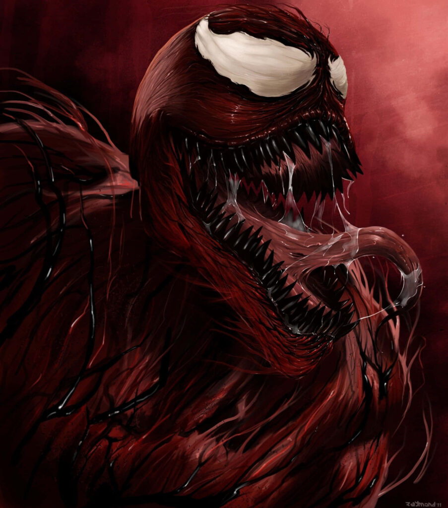 Carnage Unleashed Marvel villain with sharp teeth red black tendrils dynamic comic art wallpaper background