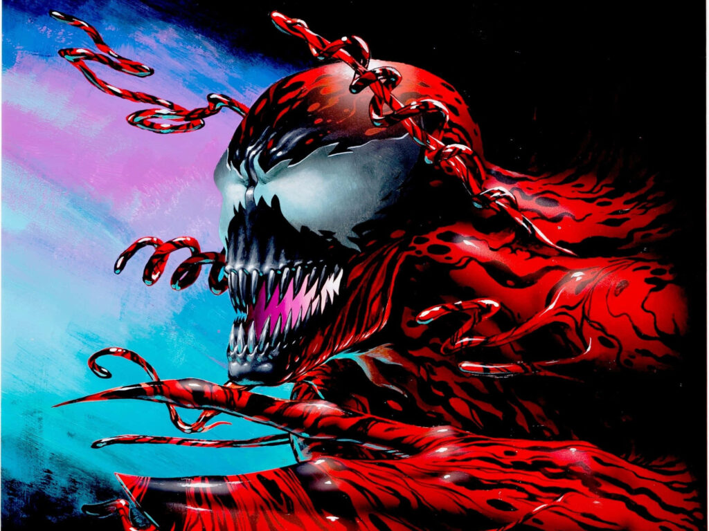 Carnage Marvel villain with red black symbiote tendrils in chaotic comic city background wallpaper
