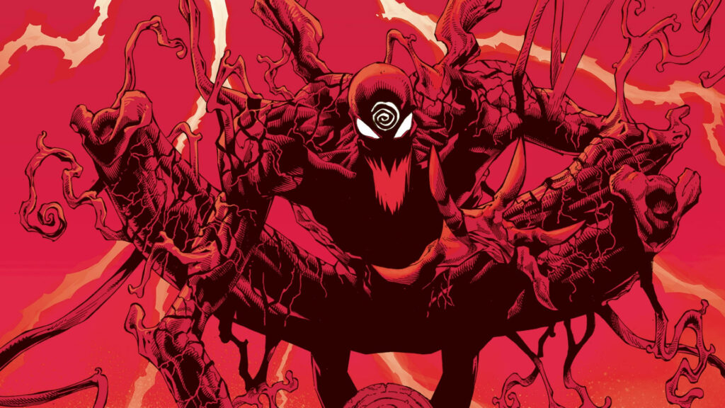 Red-Themed Marvel Mayhem: A Stunning Artwork Featuring Carnage, the Comic Book Antagonist from Venom Wallpaper