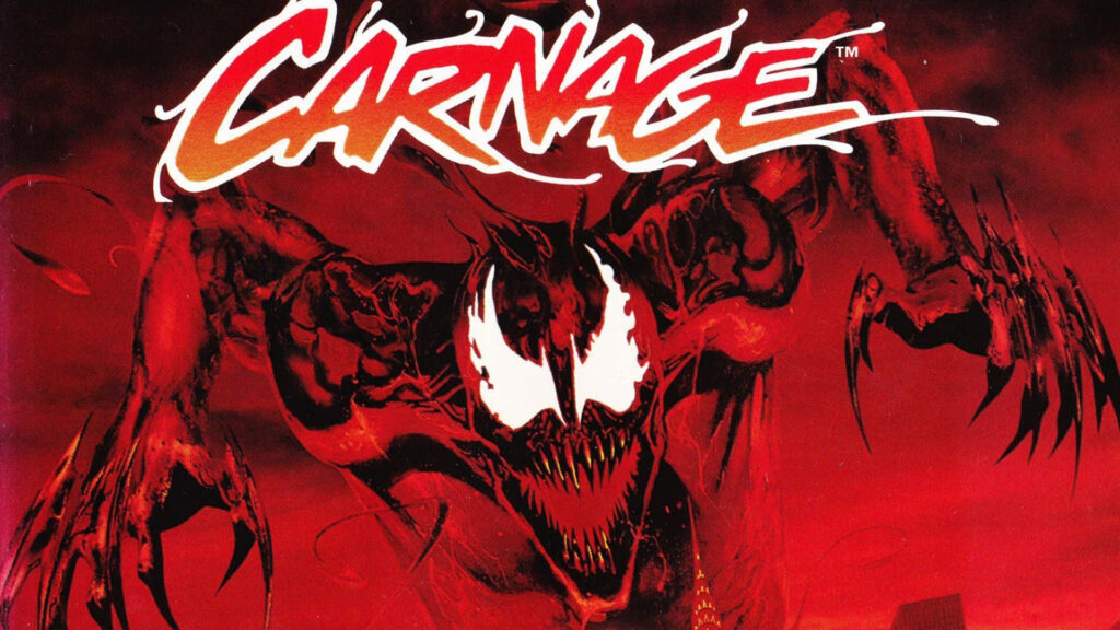 Carnage Marvel villain in menacing pose with swirling red black symbiote tendrils wallpaper