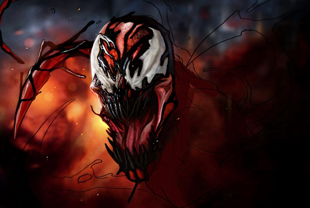 Carnage Unleashed Marvel supervillain with fiery background sharp teeth and glowing eyes wallpaper
