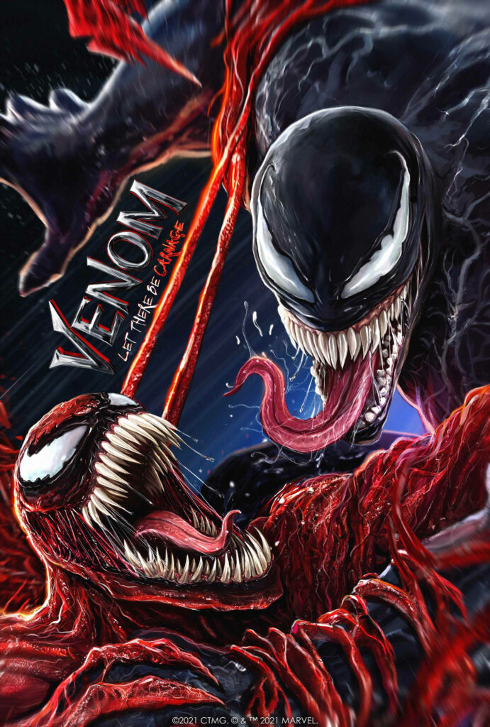 Carnage and Venom battle in red and black comic style wallpaper with menacing forms and tongues