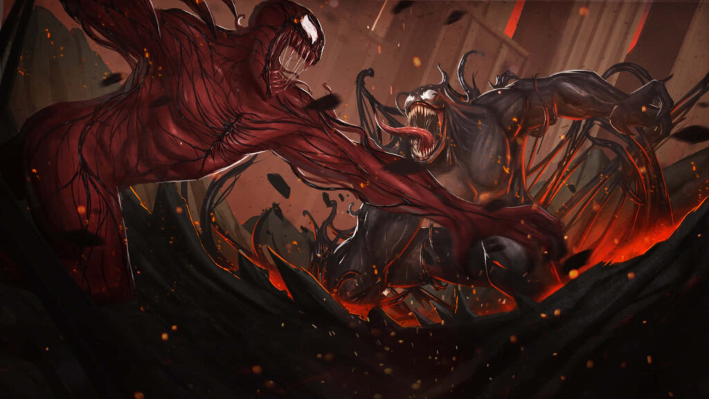 Carnage and Venom fierce battle in dynamic comic style with fiery red black chaotic background Wallpaper