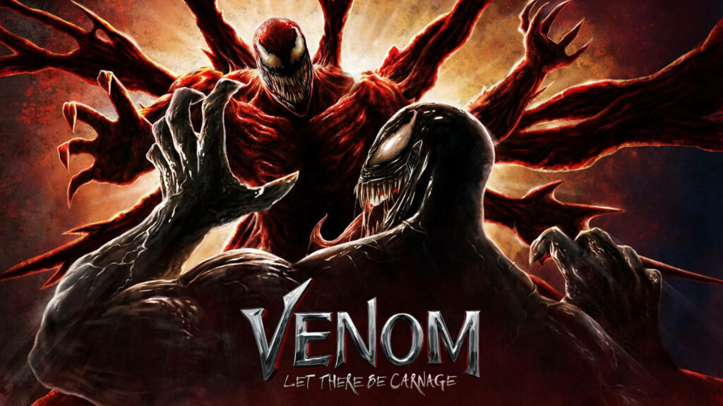 Carnage and Venom clash in dramatic comic art with vivid red black tones and dynamic poses Wallpaper