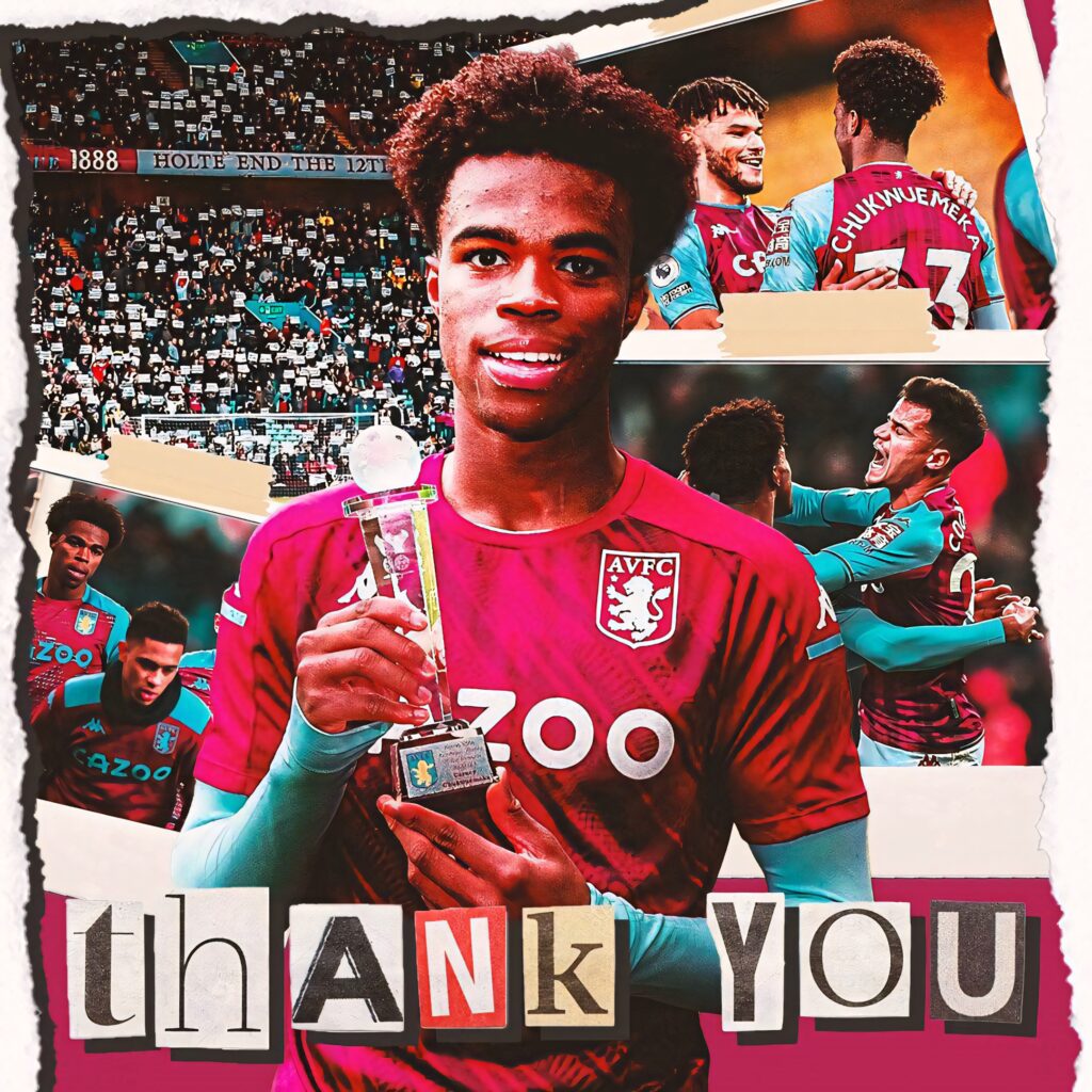 Carney Chukwuemeka Aston Villa claret blue kit celebrating trophy collage wallpaper background