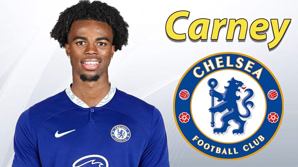 Carney Chukwuemeka in Chelsea FC kit with club crest and bold yellow name text wallpaper