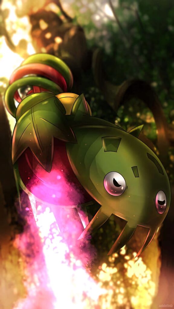 Carnivine acid attack with vivid green and pink energy in dense forest anime style wallpaper