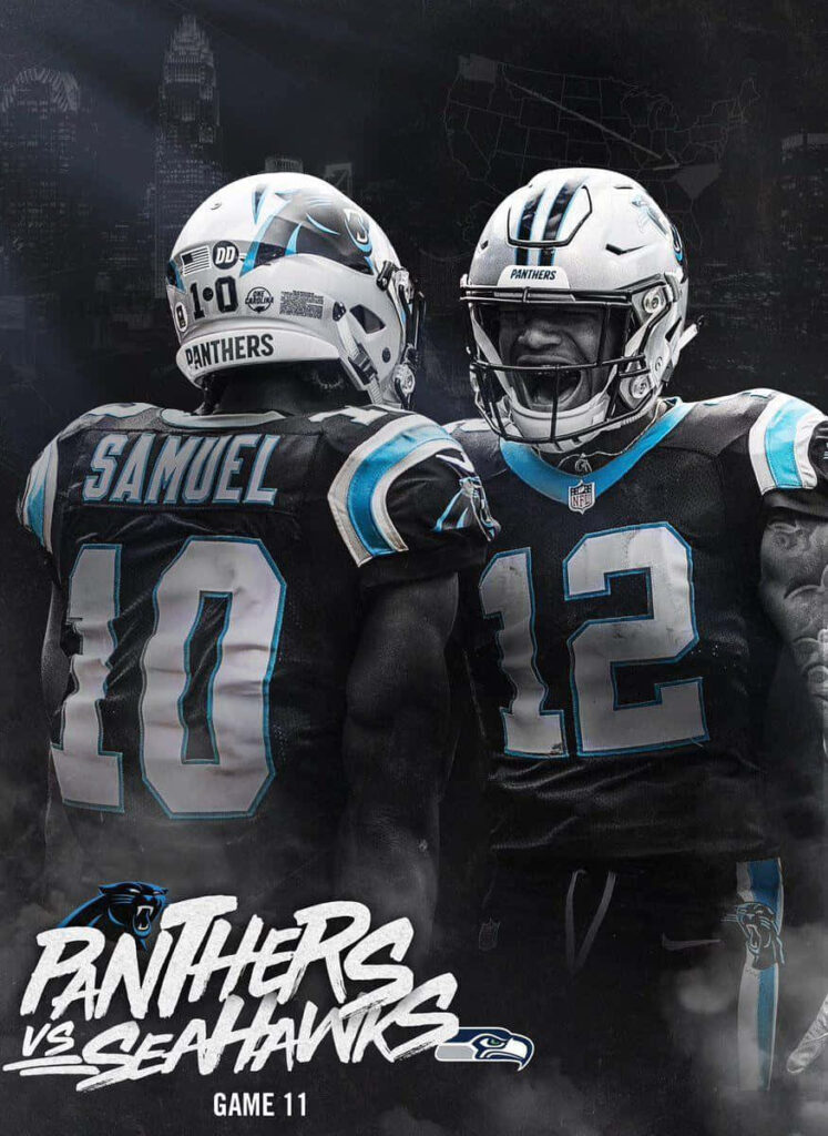 Carolina Panthers football players DJ Moore and Curtis Samuel in black blue uniforms wallpaper