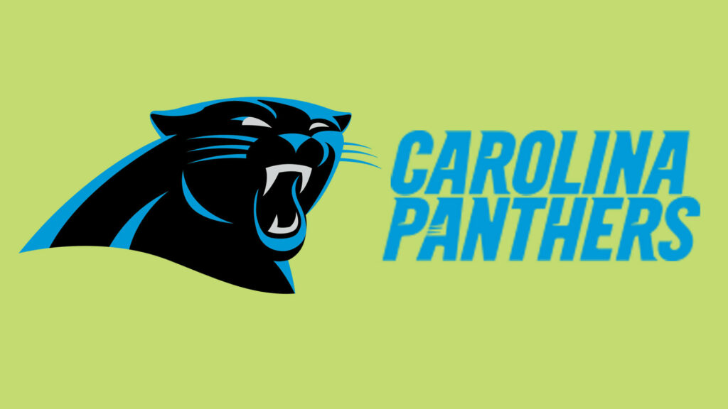 Carolina Panthers logo and name in blue black on vibrant light green modern NFL wallpaper background