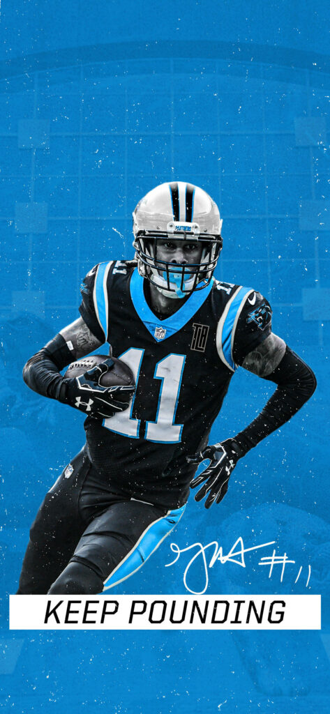 Carolina Panthers Number 11 in black blue jersey mid-action Keep Pounding football wallpaper