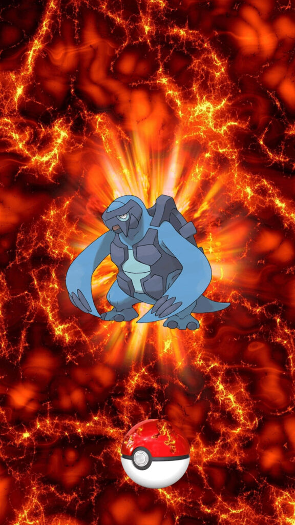 Carracosta with rugged blue shell amid fiery orange flames and classic Poké Ball wallpaper background