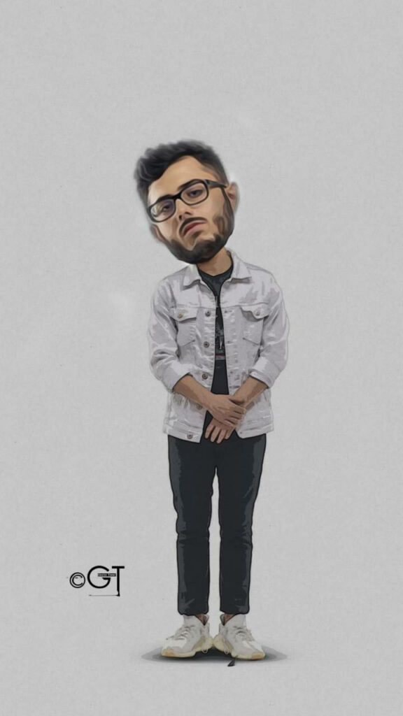 CarryMinati caricature digital art wallpaper with large head sharp outlines and muted grey tones