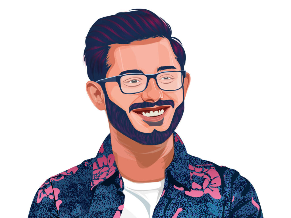CarryMinati digital artwork vibrant portrait with signature glasses beard and floral shirt background Wallpaper