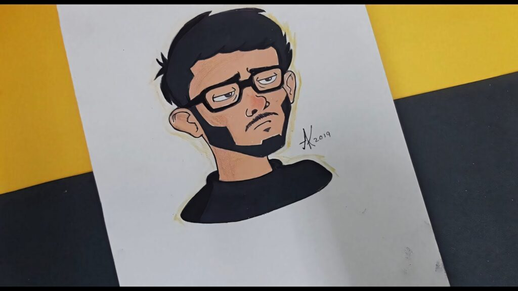 Hand-drawn CarryMinati portrait with bold lines glasses beard modern cartoon style wallpaper