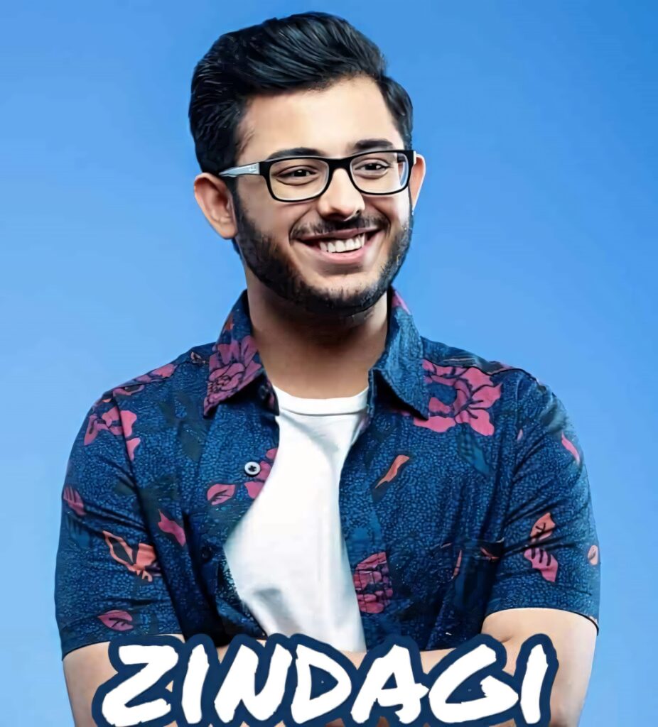 CarryMinati smiling in floral shirt on bright blue background with Zindagi title wallpaper design