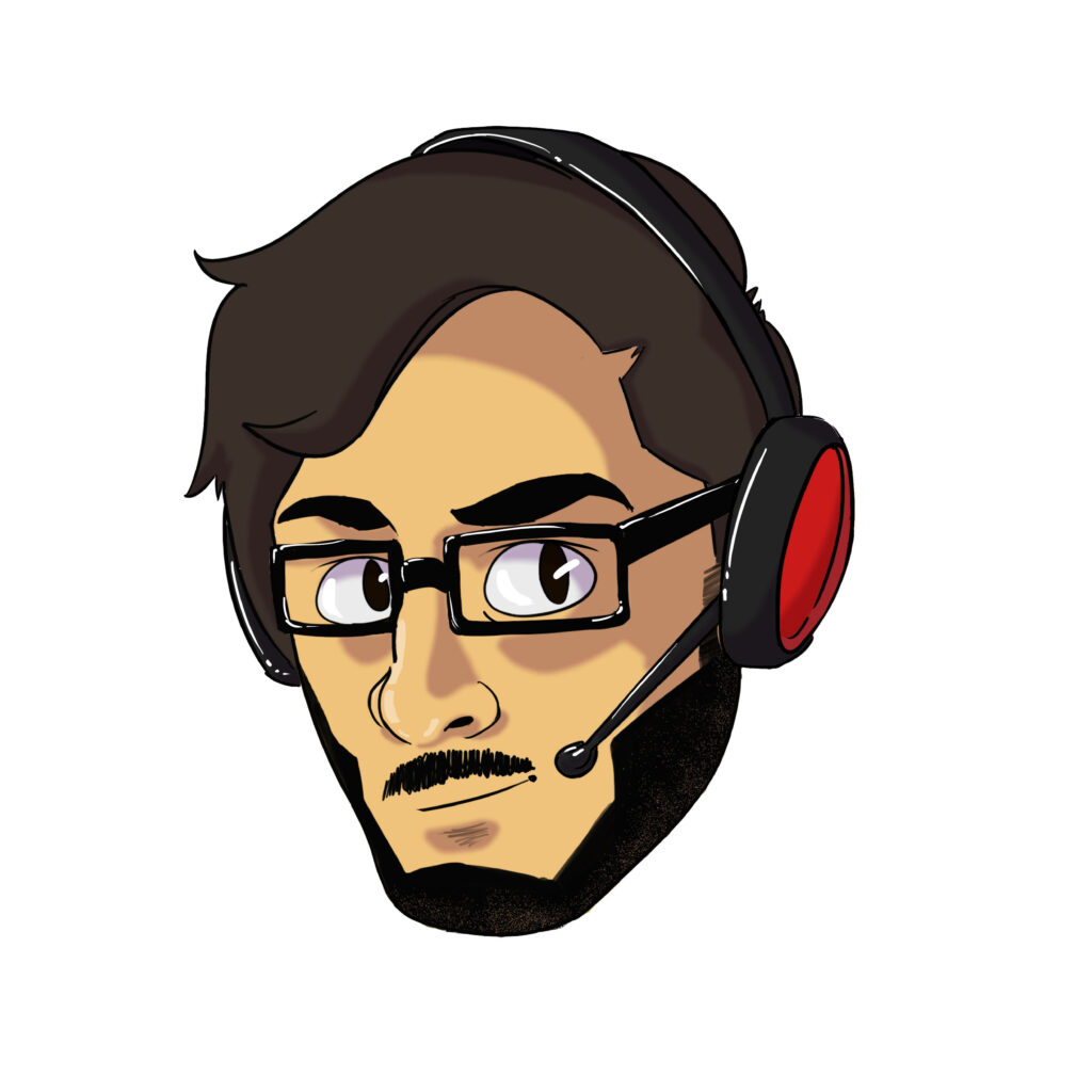 Stylized CarryMinati head art with glasses headset bold colors cartoon digital wallpaper