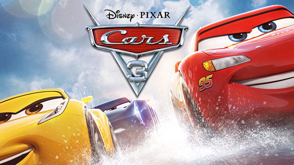 Cars 3 wallpaper with Lightning McQueen Cruz Ramirez Jackson Storm racing splashing water vibrant colors