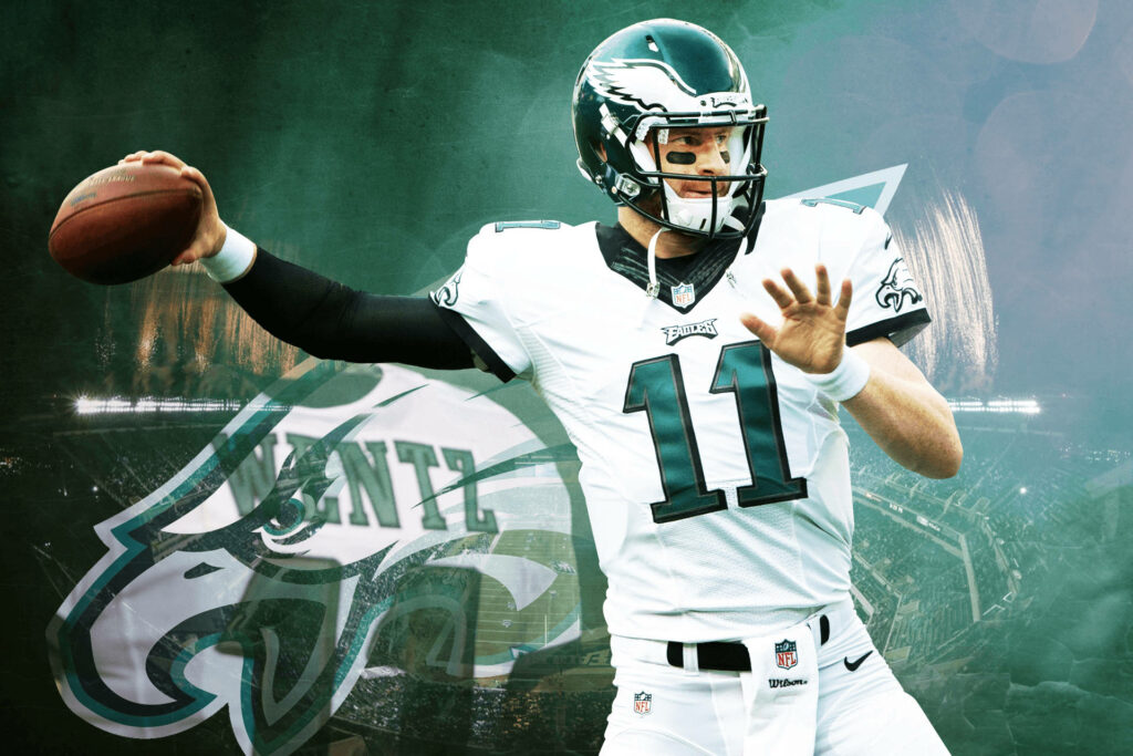 Carson Wentz Eagles action wallpaper green white colors stadium Philadelphia football art